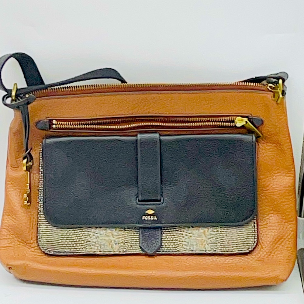Fossil Kinley Leather Brown & black Fossil Crossbody Pocket Bag